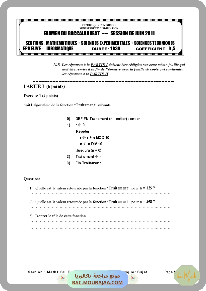 Sujet principale info Bac 2011 – Section math